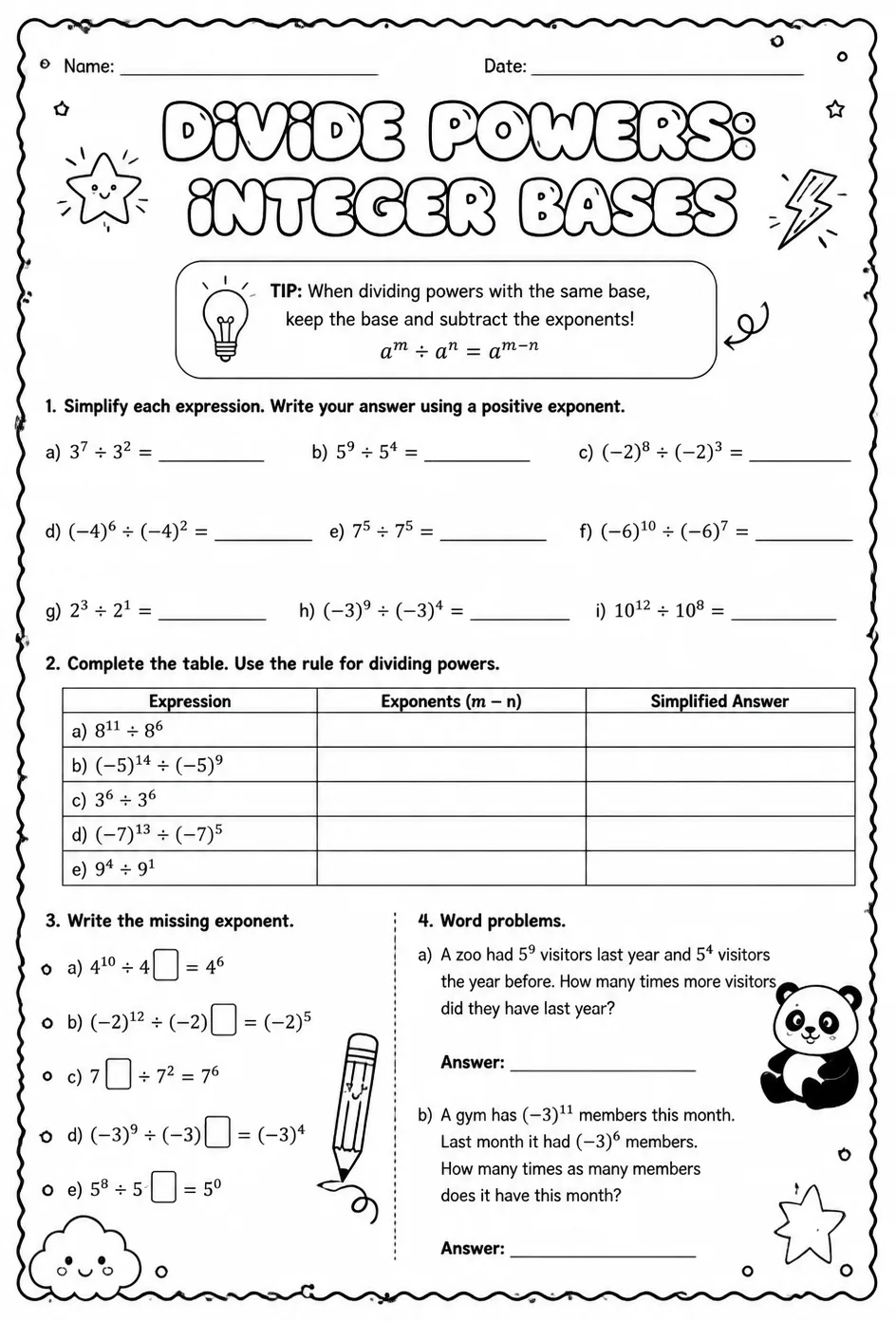 Divide powers: integer bases — free printable Grade 8 math worksheet