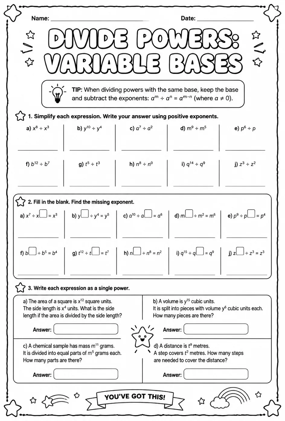 Divide powers: variable bases — free printable Grade 8 math worksheet