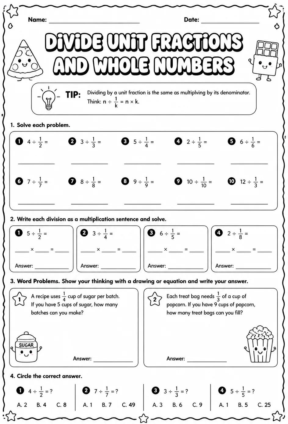 Divide unit fractions and whole numbers — free printable Grade 5 math worksheet
