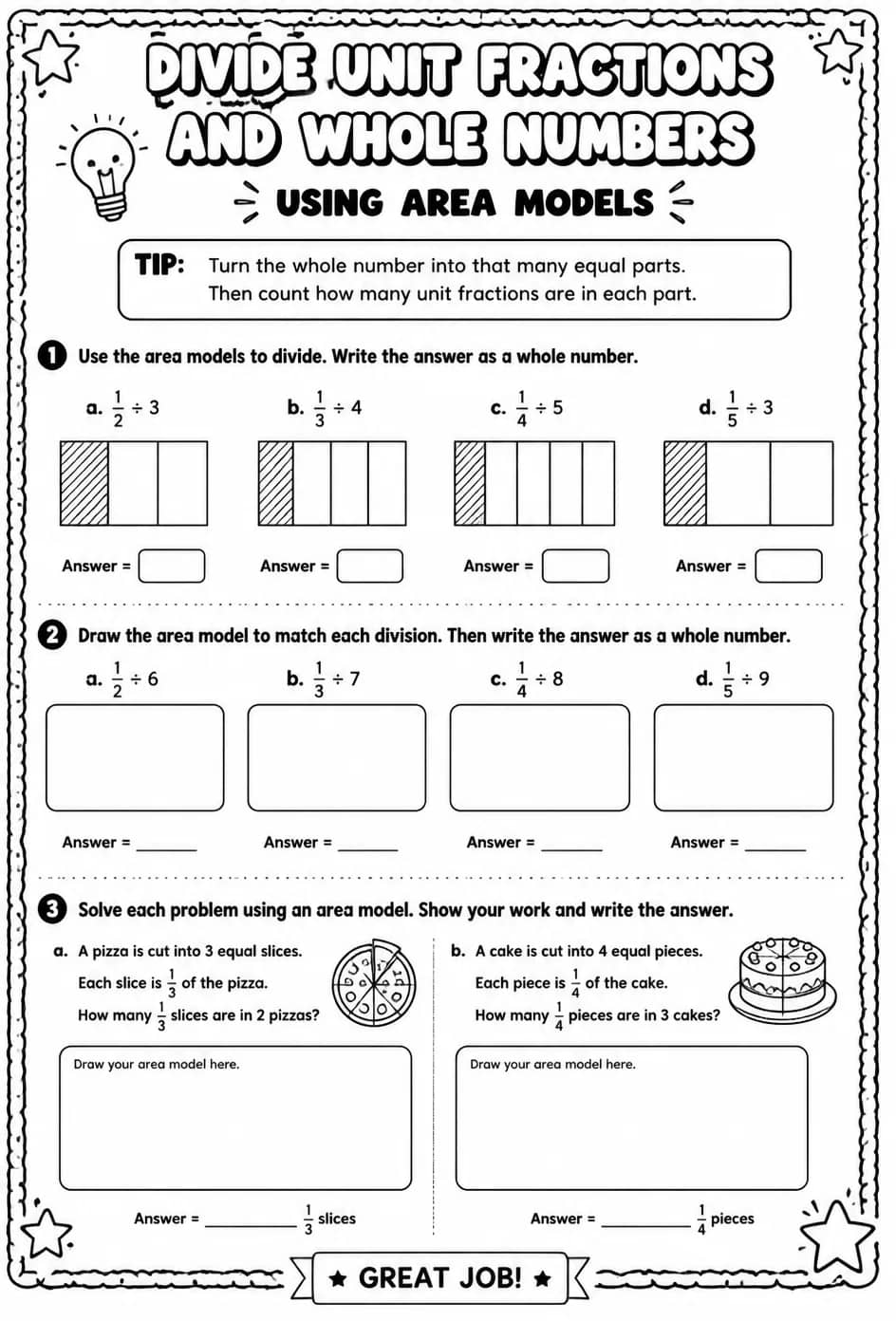 Divide unit fractions and whole numbers using area models — free printable Grade 5 math worksheet
