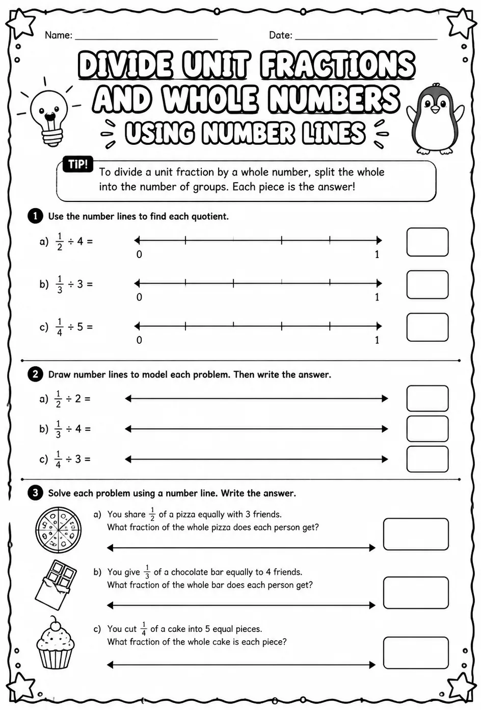 Divide unit fractions and whole numbers using number lines — free printable Grade 5 math worksheet