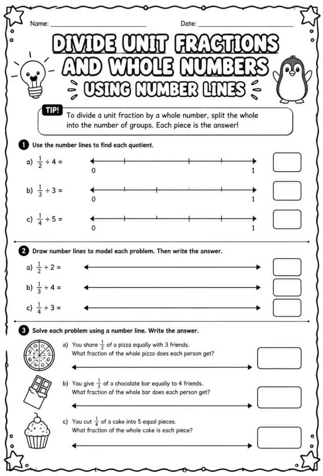 Divide unit fractions and whole numbers using number lines