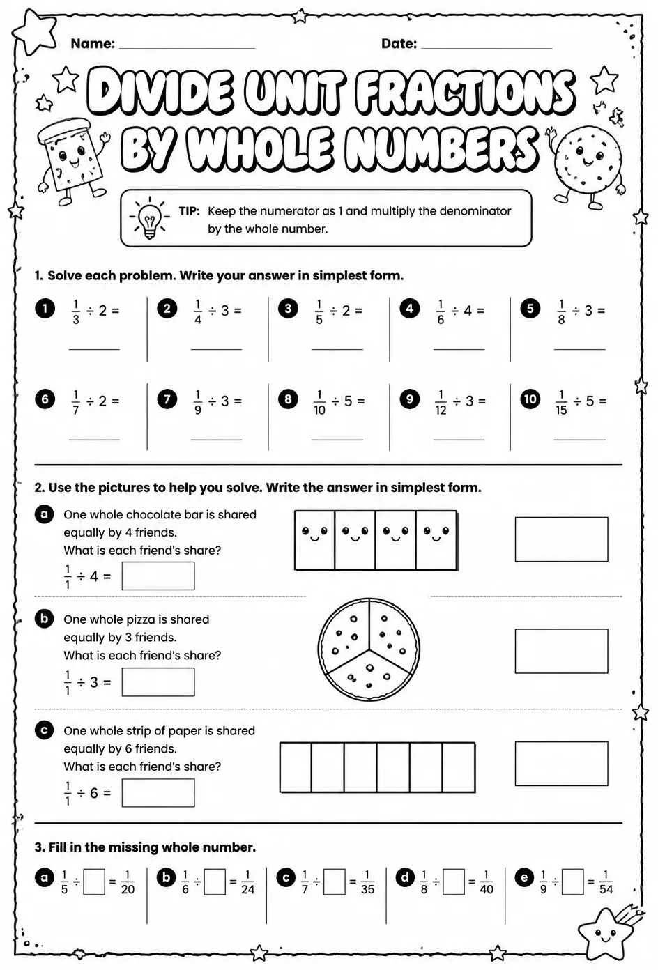 Divide unit fractions by whole numbers — free printable Grade 5 math worksheet