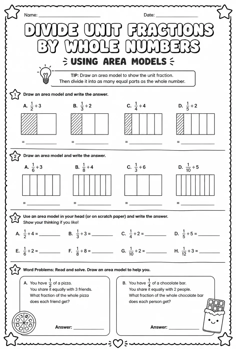 Divide unit fractions by whole numbers using area models — free printable Grade 5 math worksheet