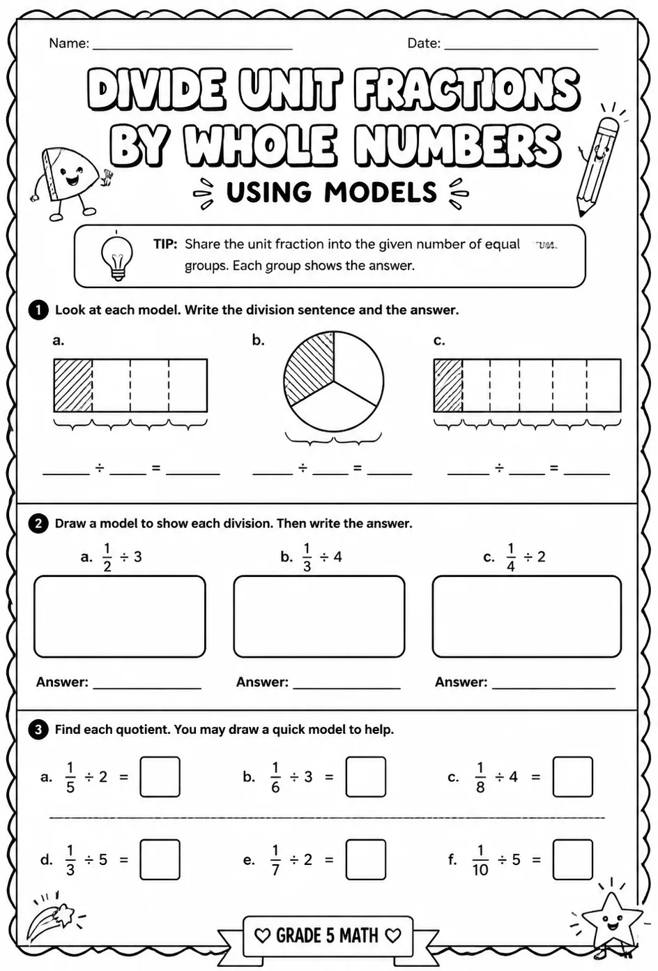 Divide unit fractions by whole numbers using models — free printable Grade 5 math worksheet