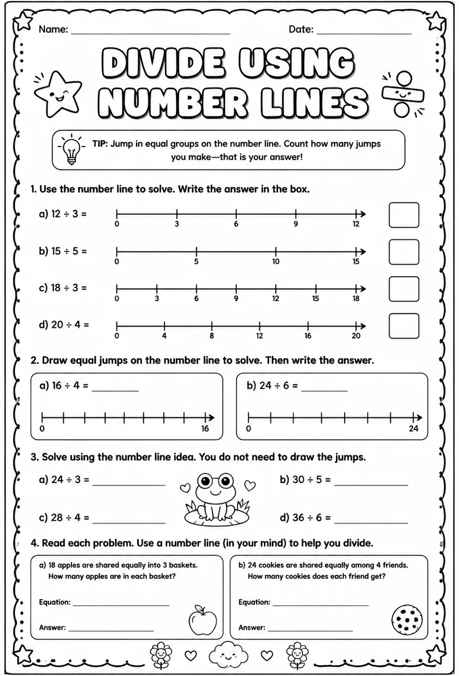 Divide using number lines — free printable Grade 3 math worksheet
