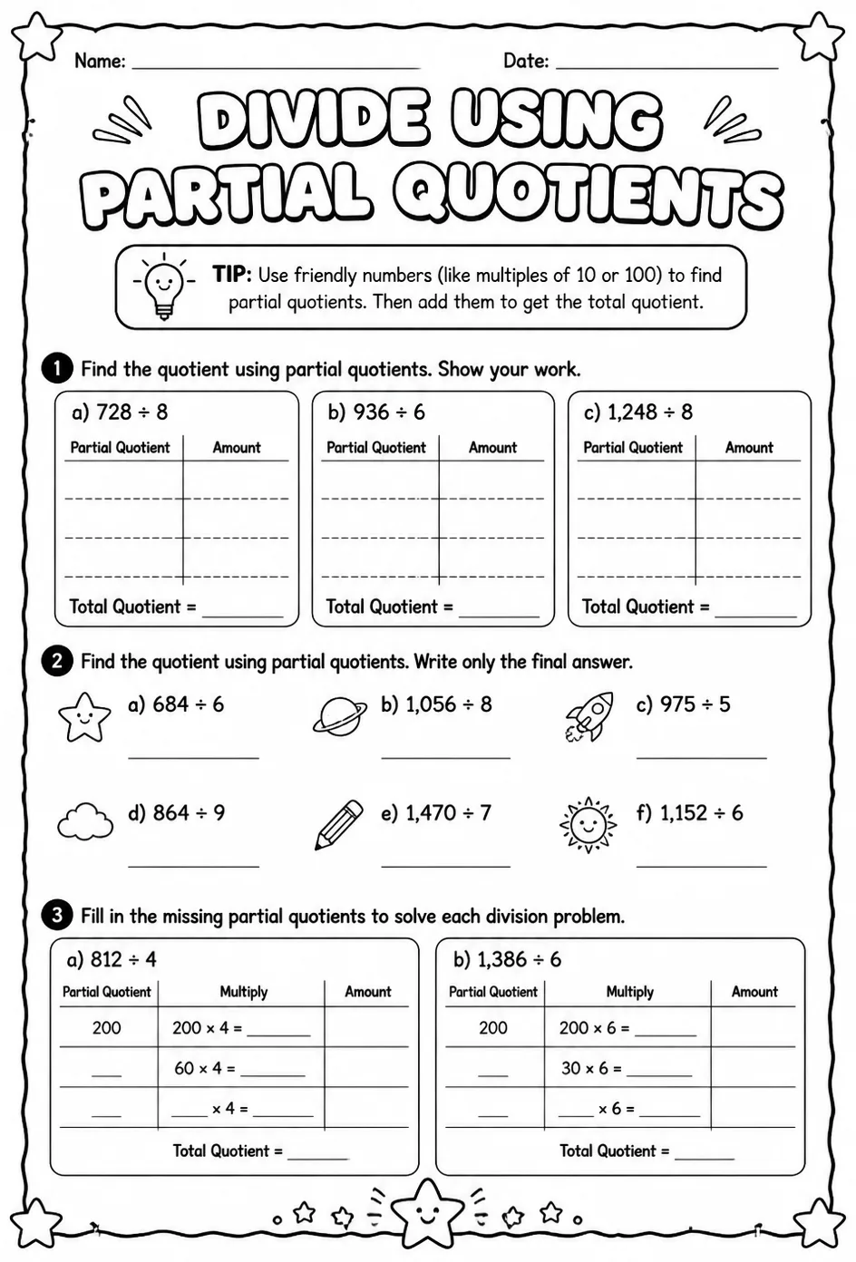 Divide using partial quotients — free printable Grade 4 math worksheet