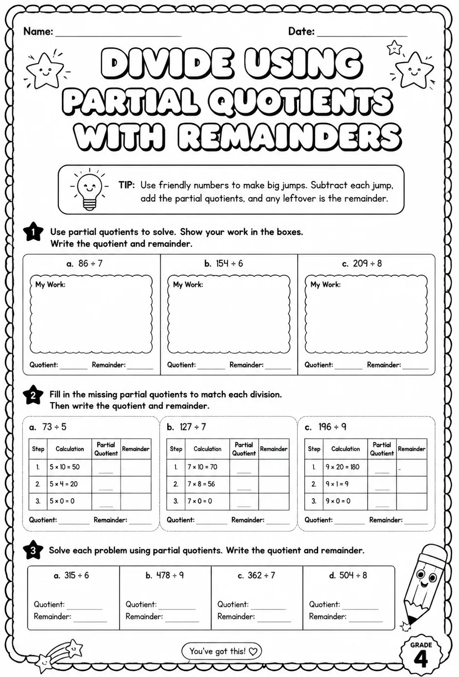 Divide using partial quotients with remainders — free printable Grade 4 math worksheet