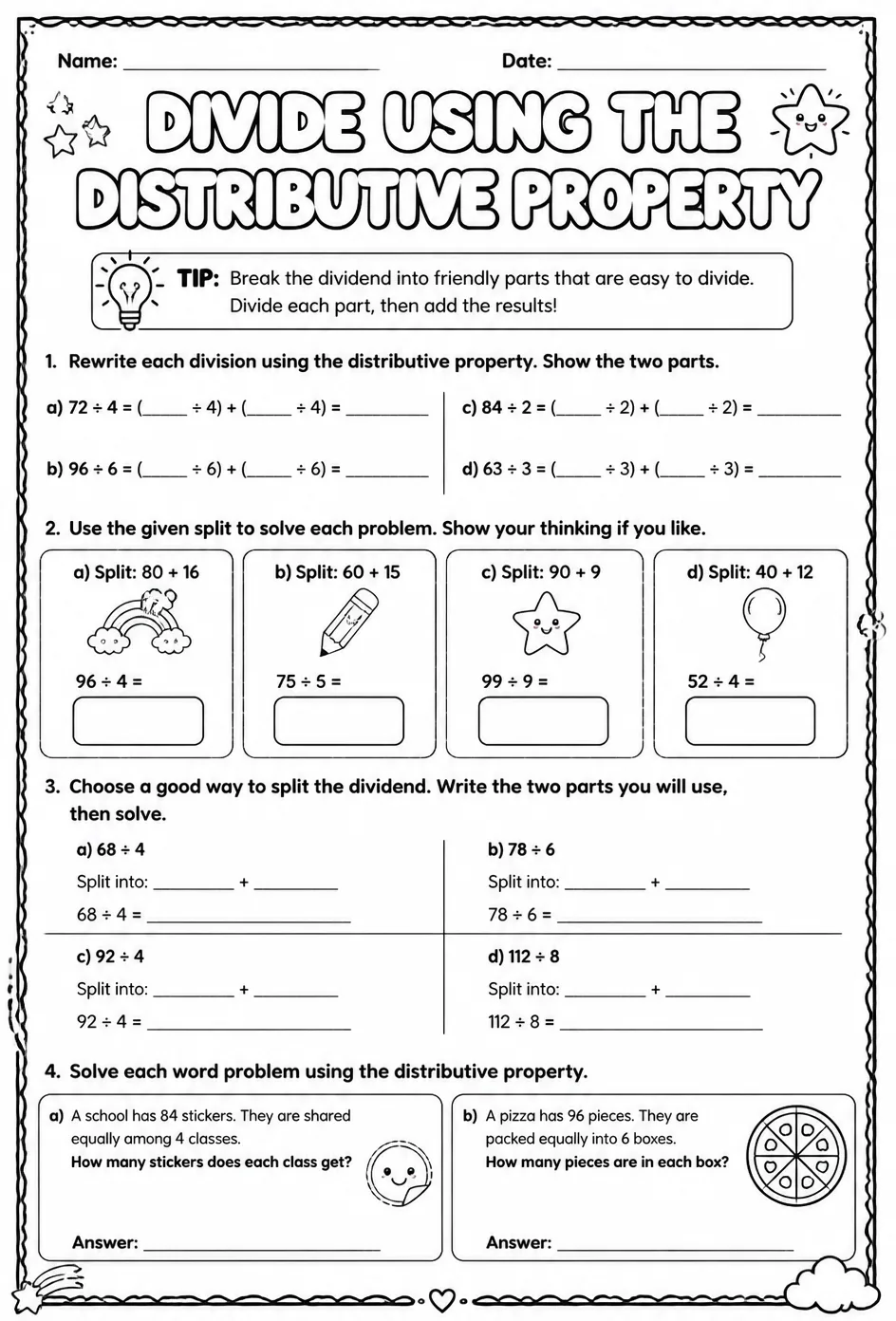 Divide using the distributive property — free printable Grade 4 math worksheet