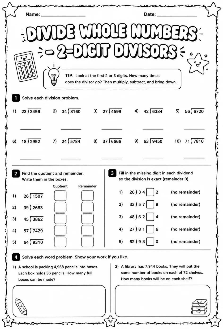 Divide whole numbers - 2-digit divisors — free printable Grade 6 math worksheet