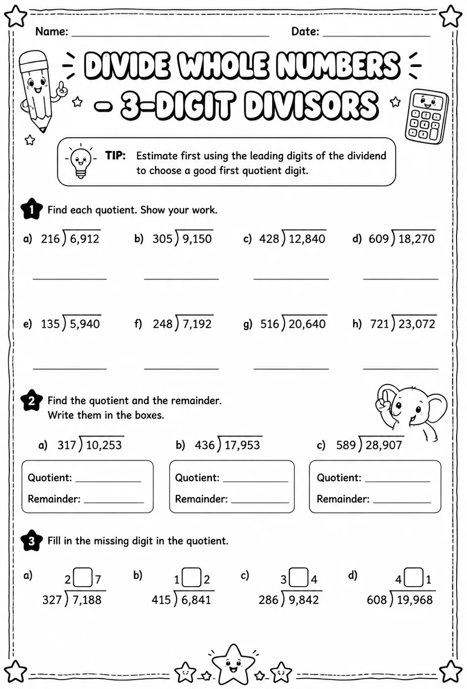 Divide whole numbers - 3-digit divisors — free printable Grade 6 math worksheet