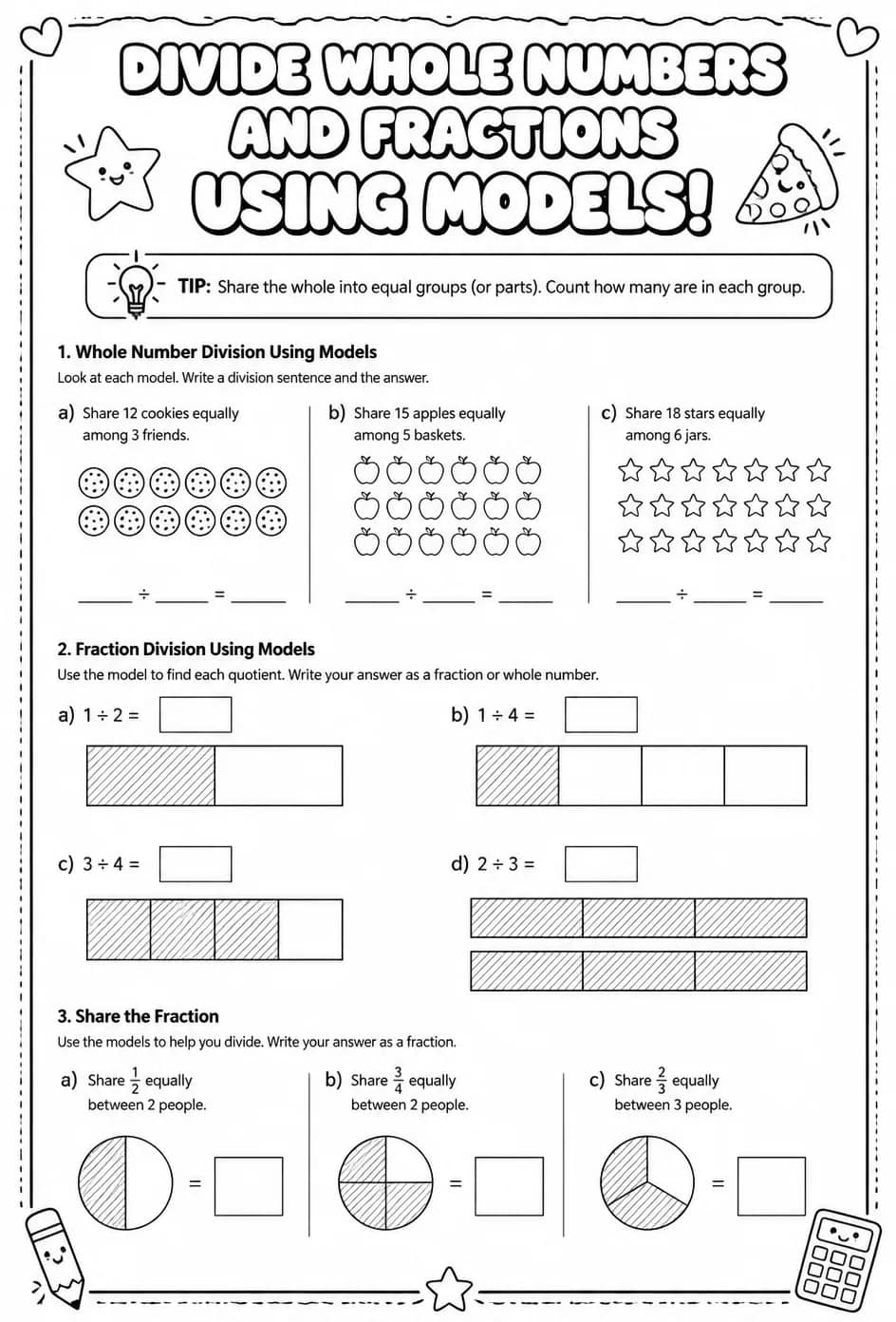 Divide whole numbers and fractions using models — free printable Grade 6 math worksheet