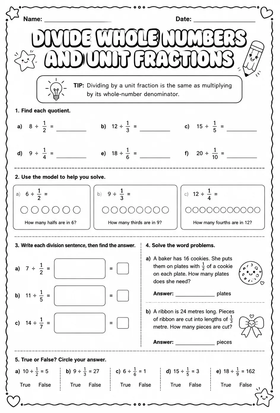 Divide whole numbers and unit fractions — free printable Grade 6 math worksheet