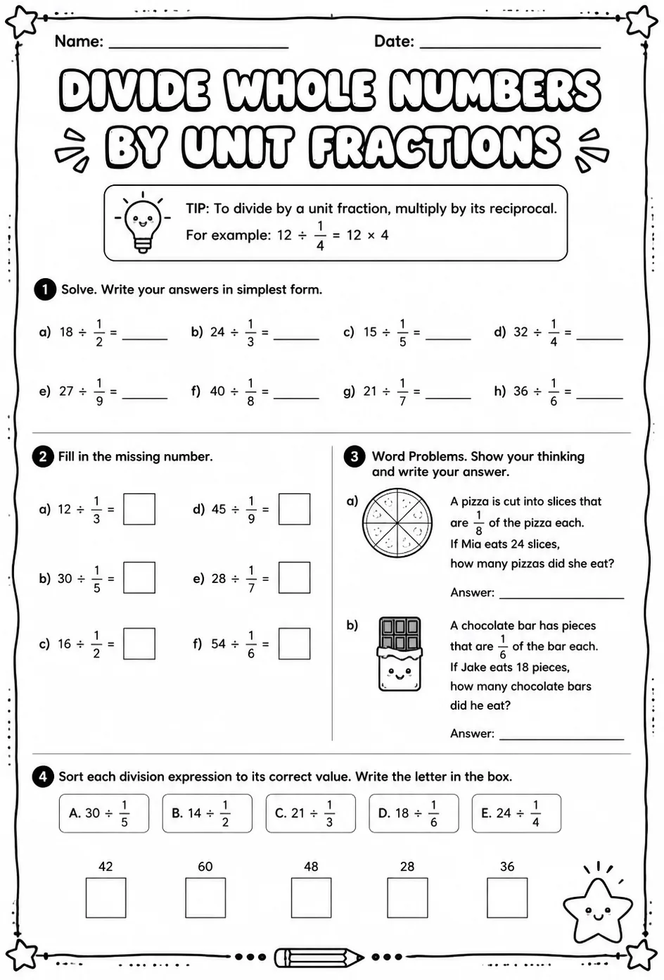 Divide whole numbers by unit fractions — free printable Grade 5 math worksheet