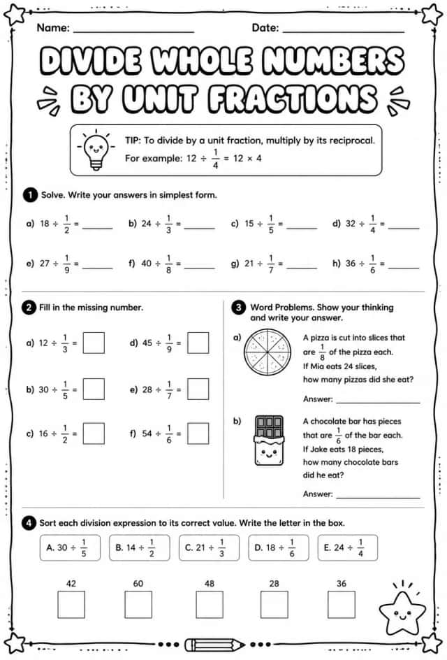 Divide whole numbers by unit fractions