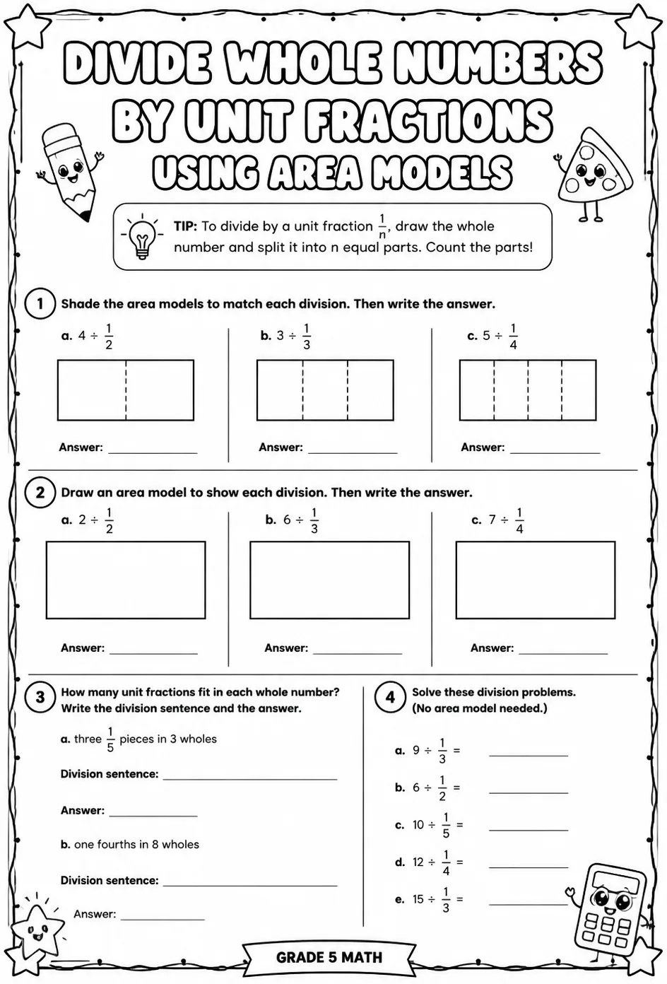 Divide whole numbers by unit fractions using area models — free printable Grade 5 math worksheet
