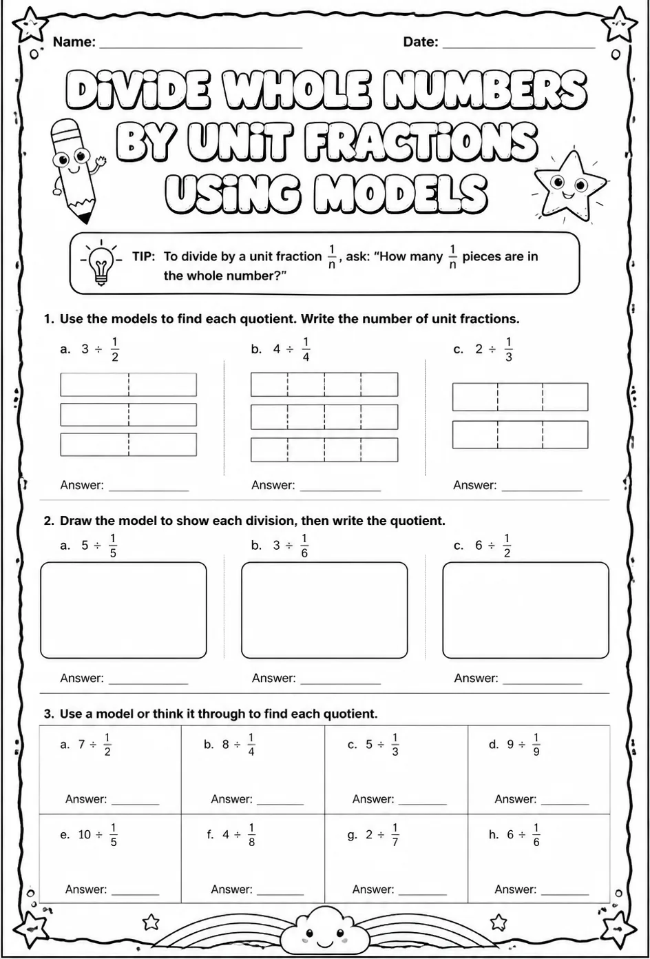 Divide whole numbers by unit fractions using models — free printable Grade 5 math worksheet