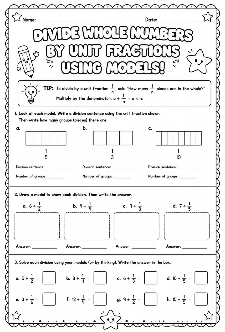 Divide whole numbers by unit fractions using models — free printable Grade 6 math worksheet