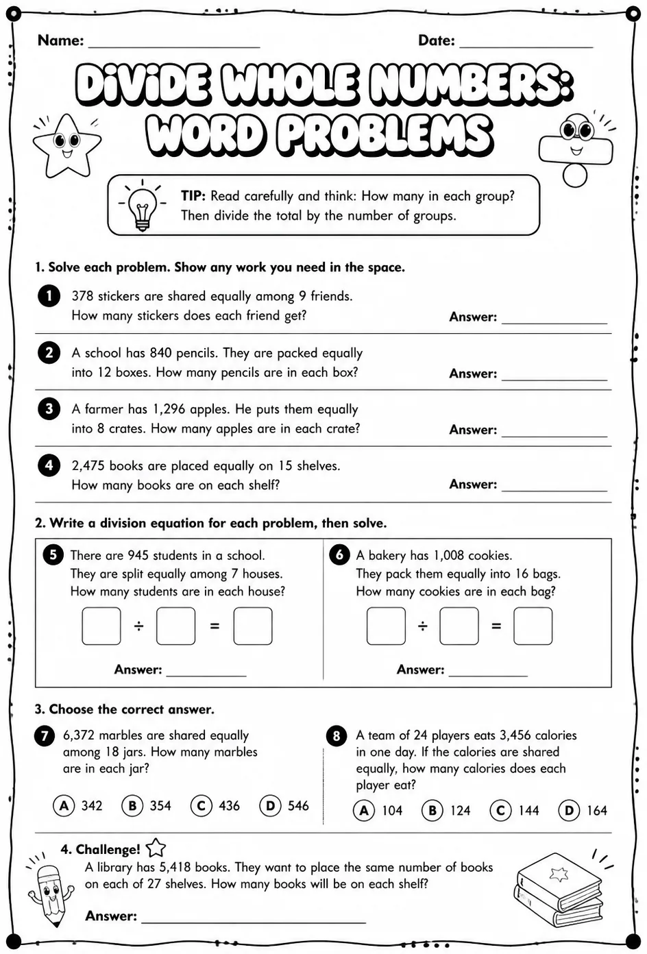 Divide whole numbers: word problems — free printable Grade 6 math worksheet