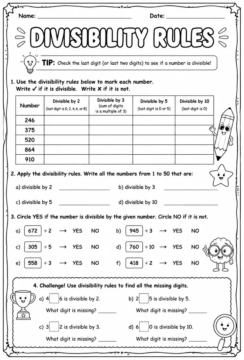 Divisibility rules — free printable Grade 4 math worksheet