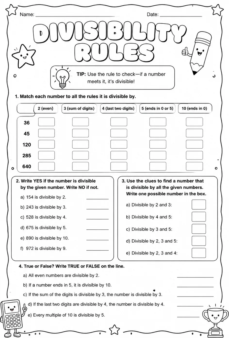 Divisibility rules — free printable Grade 5 math worksheet