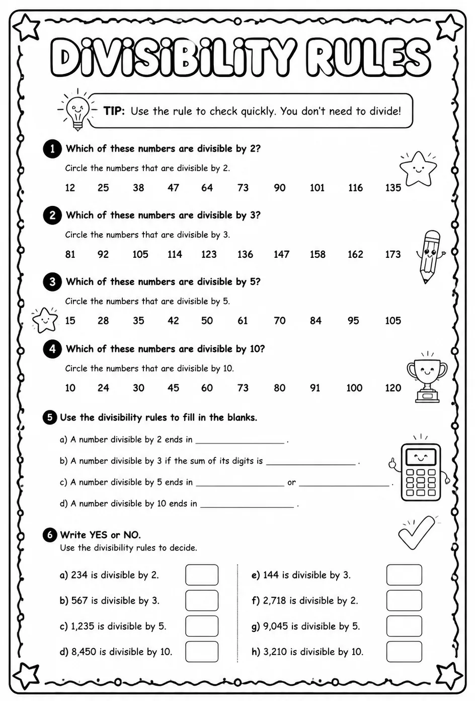 Divisibility rules — free printable Grade 6 math worksheet