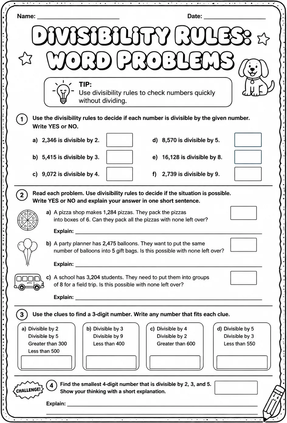 Divisibility rules: word problems — free printable Grade 4 math worksheet