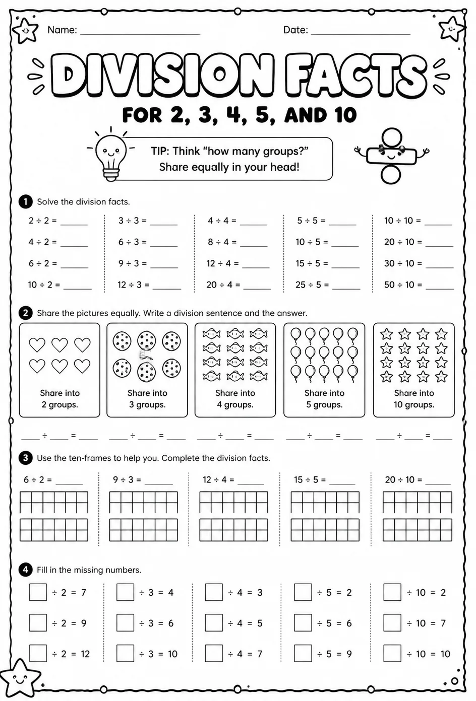 Division facts for 2, 3, 4, 5, and 10 — free printable Grade 3 math worksheet