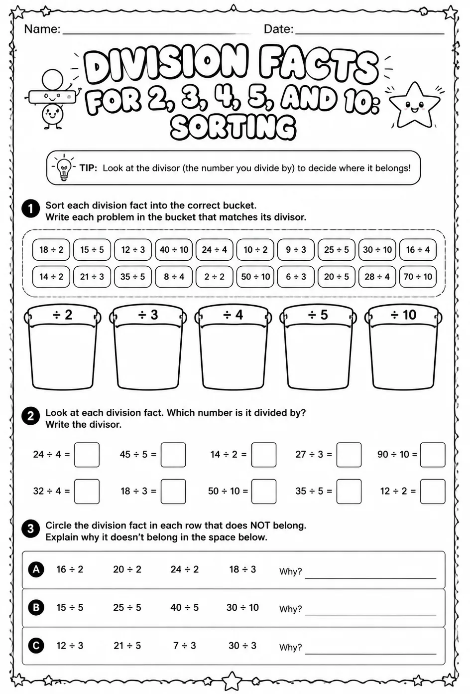 Division facts for 2, 3, 4, 5, and 10: sorting — free printable Grade 3 math worksheet
