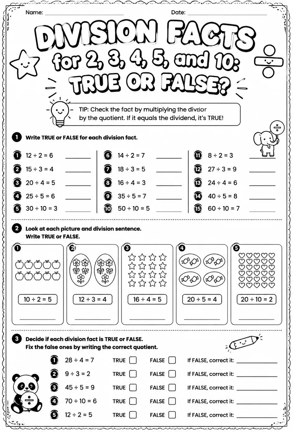 Division facts for 2, 3, 4, 5, and 10: true or false? — free printable Grade 3 math worksheet