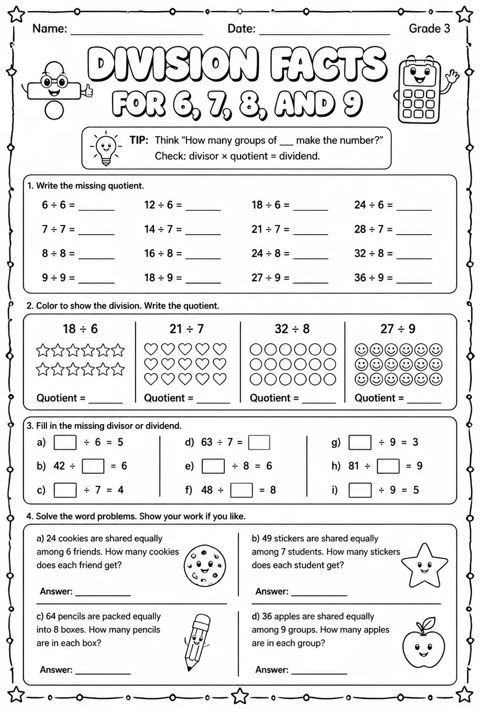 Division facts for 6, 7, 8, and 9 — free printable Grade 3 math worksheet