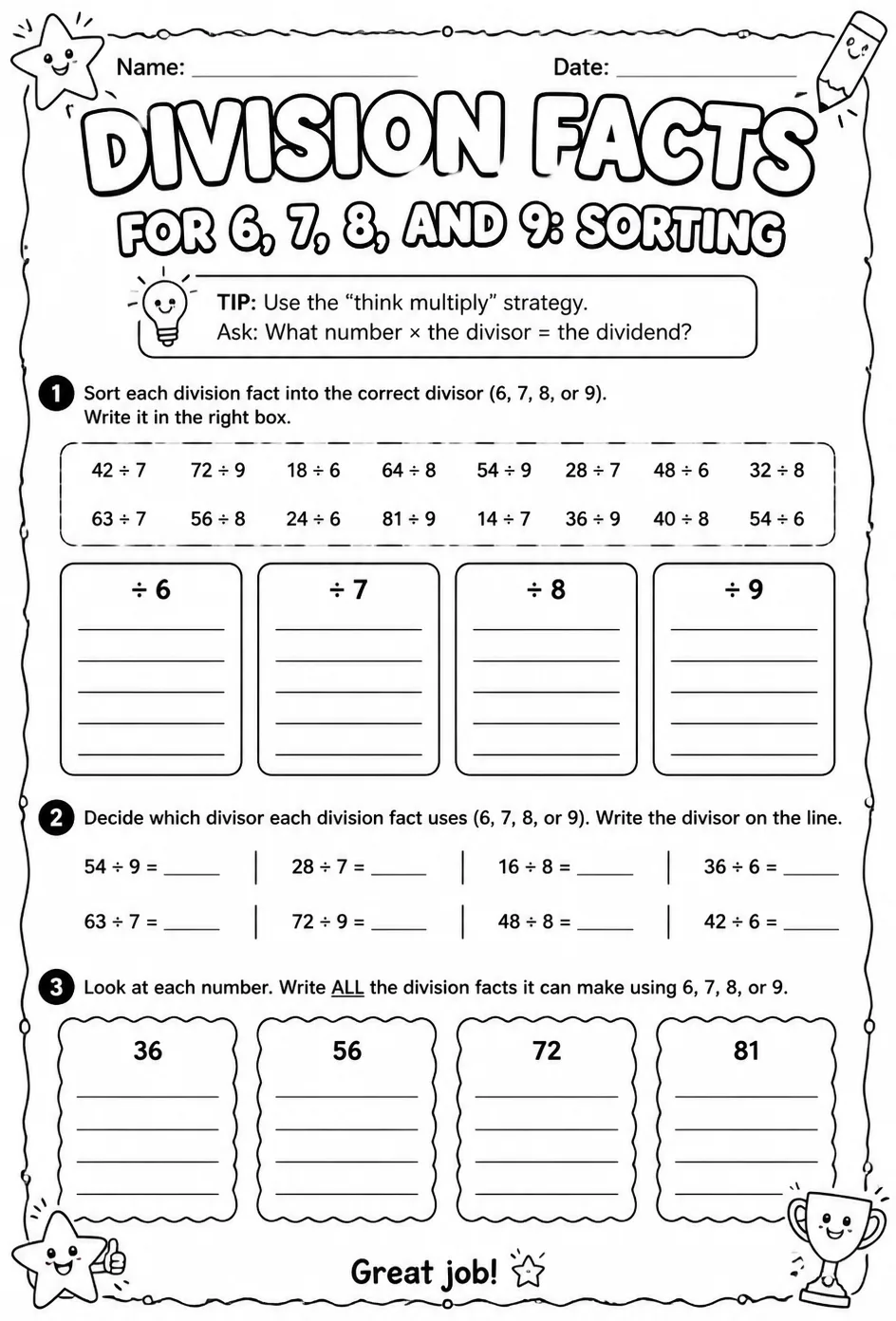Division facts for 6, 7, 8, and 9: sorting — free printable Grade 3 math worksheet