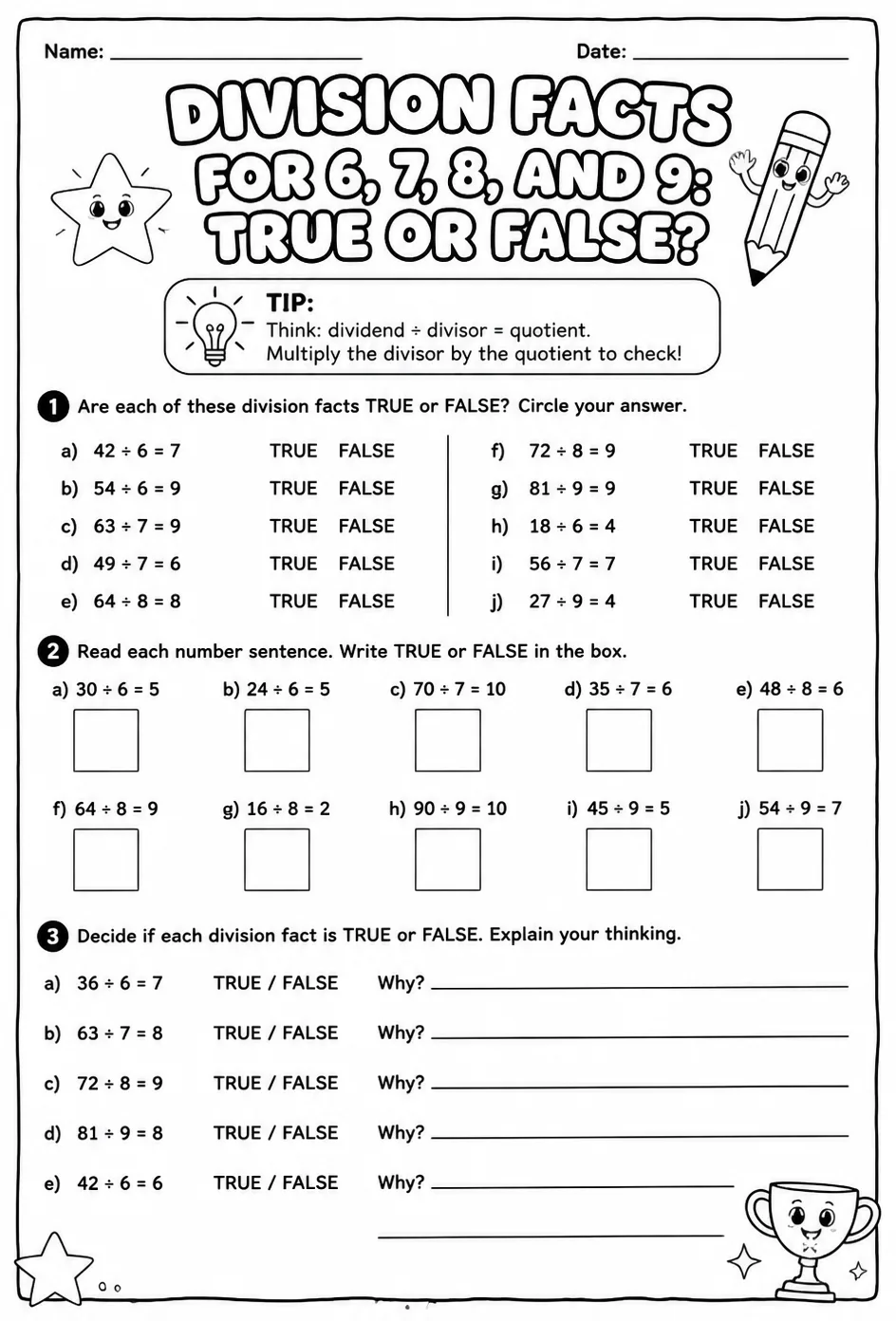 Division facts for 6, 7, 8, and 9: true or false? — free printable Grade 3 math worksheet