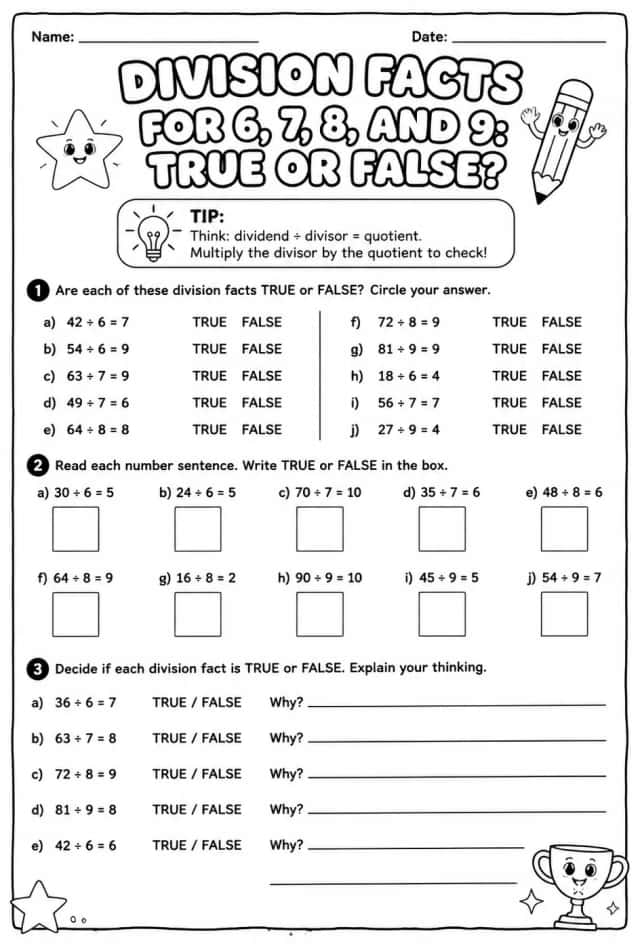 Division facts for 6, 7, 8, and 9: true or false?