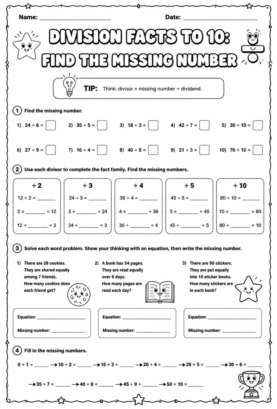 Division facts to 10: find the missing number — free printable Grade 4 math worksheet
