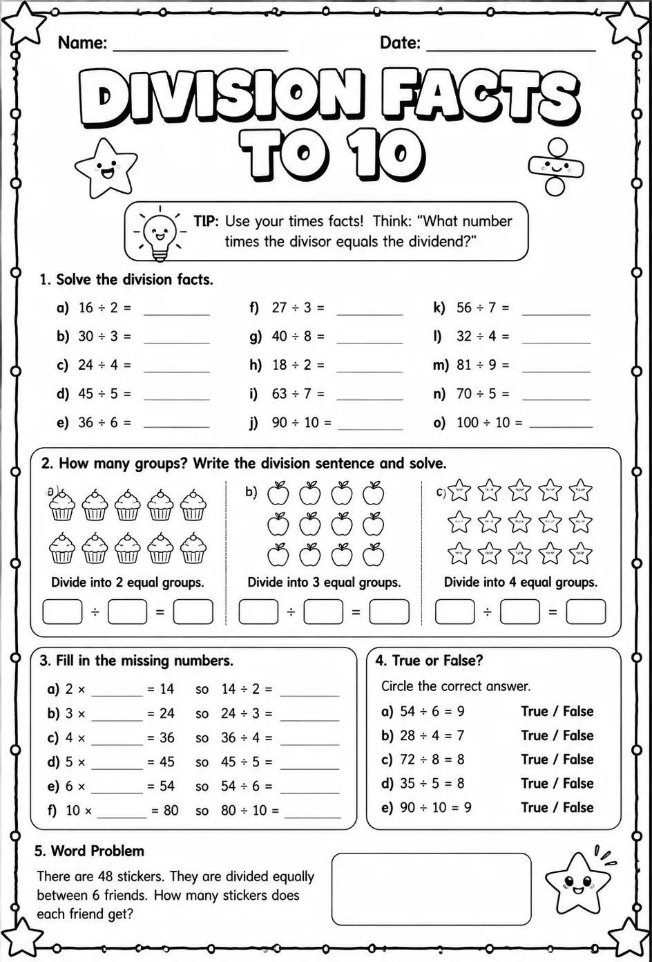 Division facts to 10 — free printable Grade 4 math worksheet