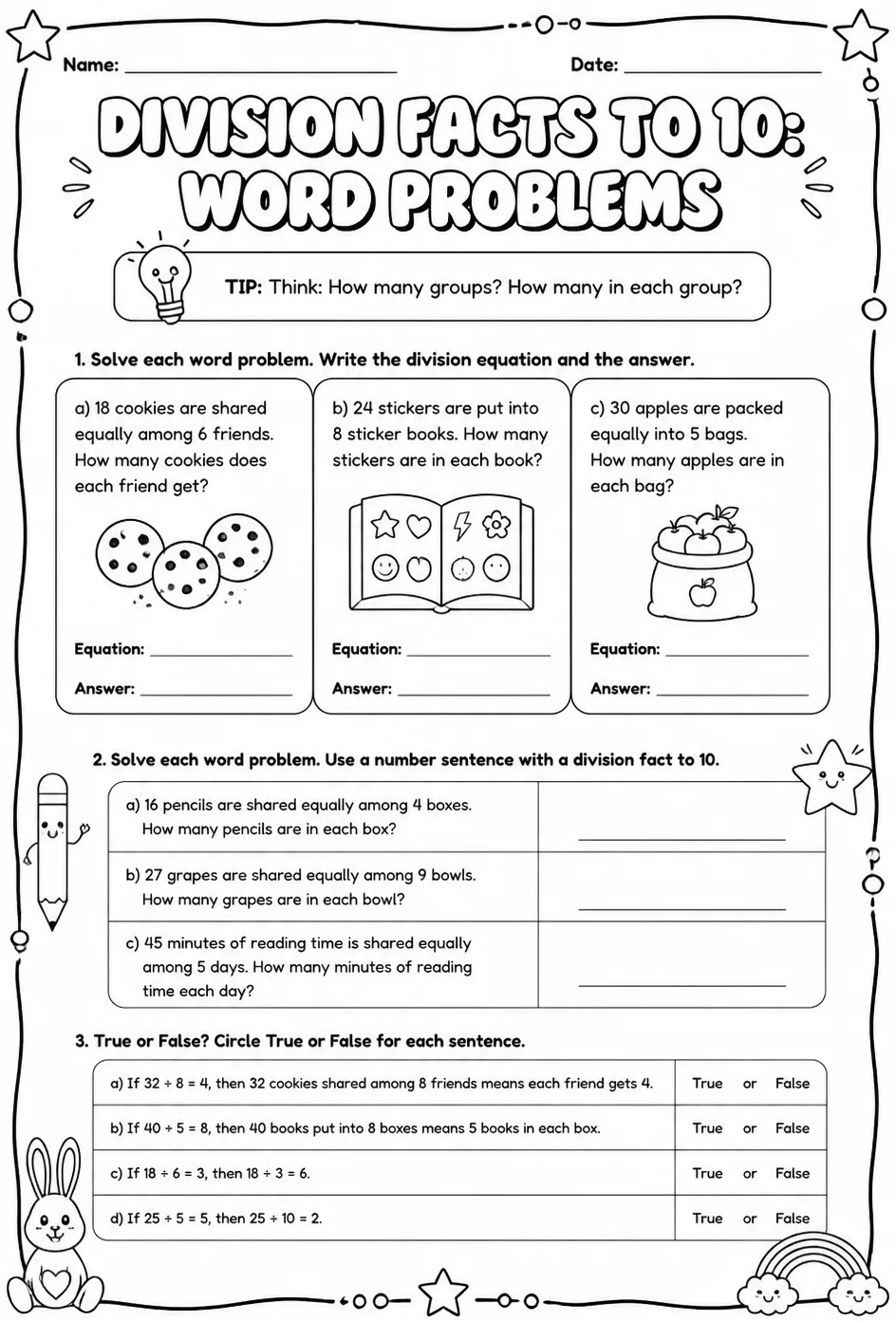 Division facts to 10: word problems — free printable Grade 4 math worksheet