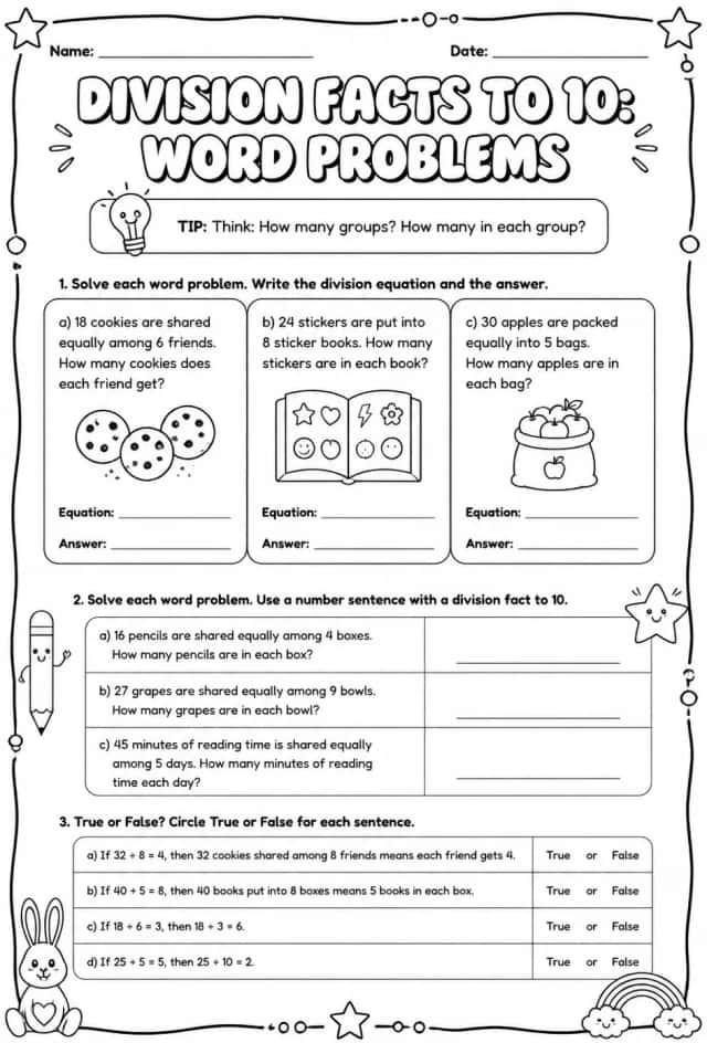 Division facts to 10: word problems