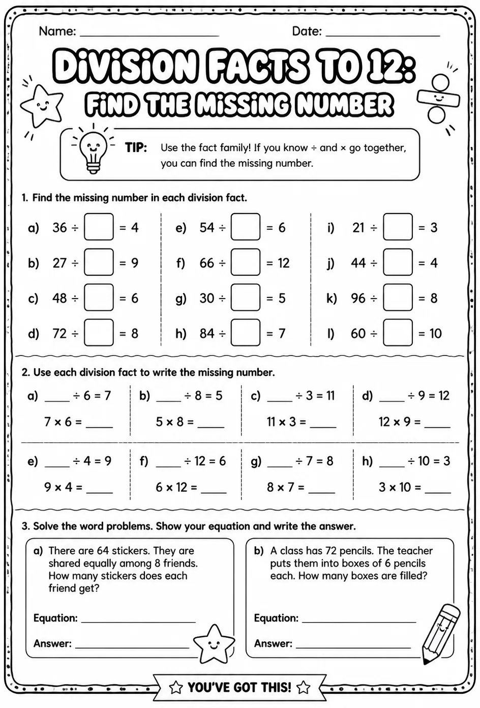 Division facts to 12: find the missing number — free printable Grade 4 math worksheet