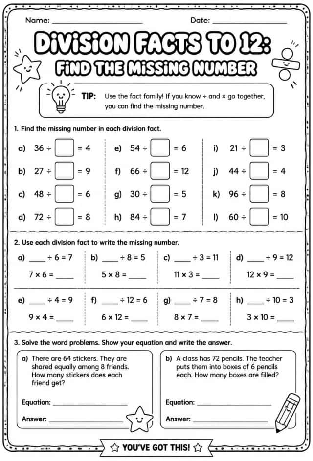 Division facts to 12: find the missing number
