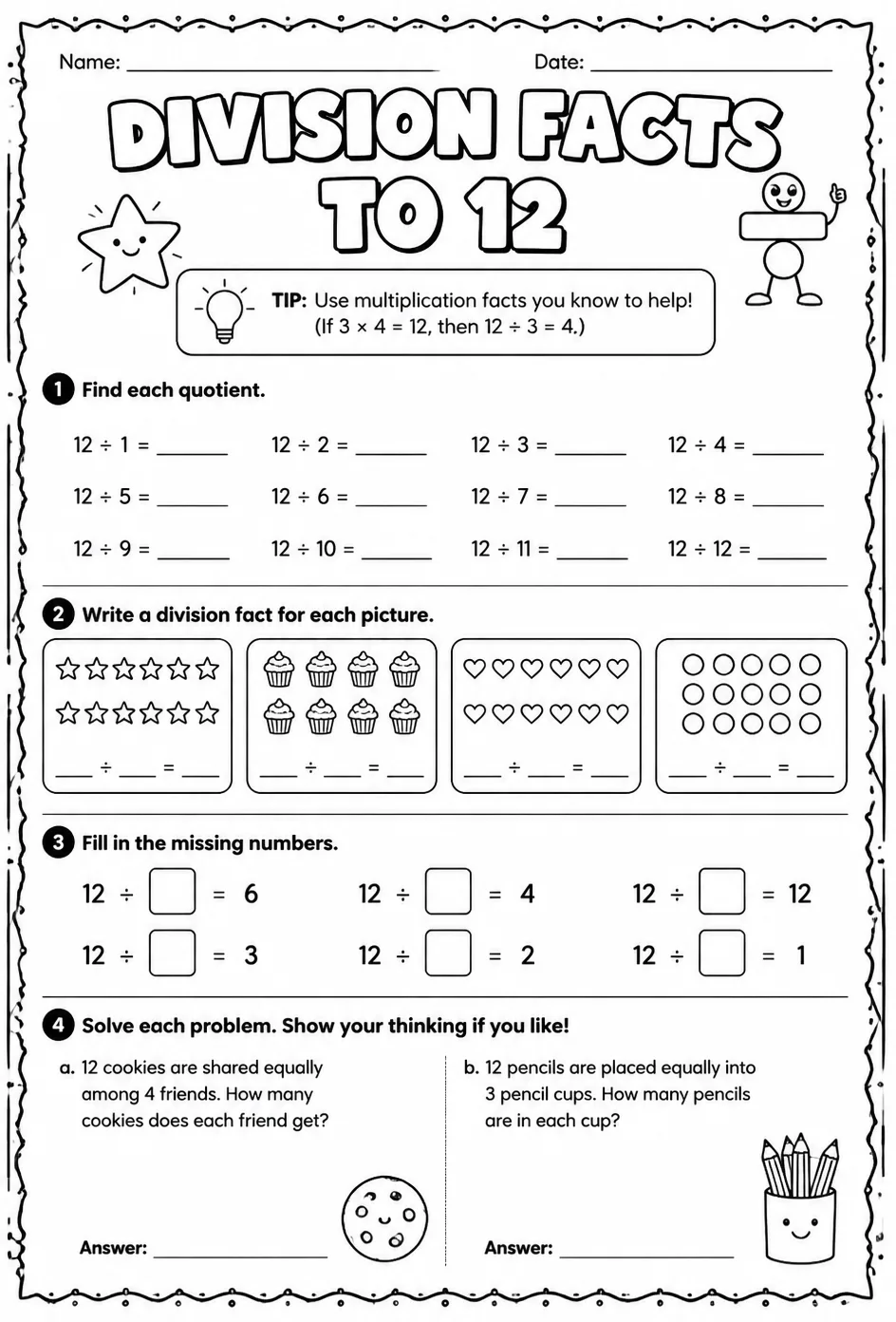 Division facts to 12 — free printable Grade 4 math worksheet