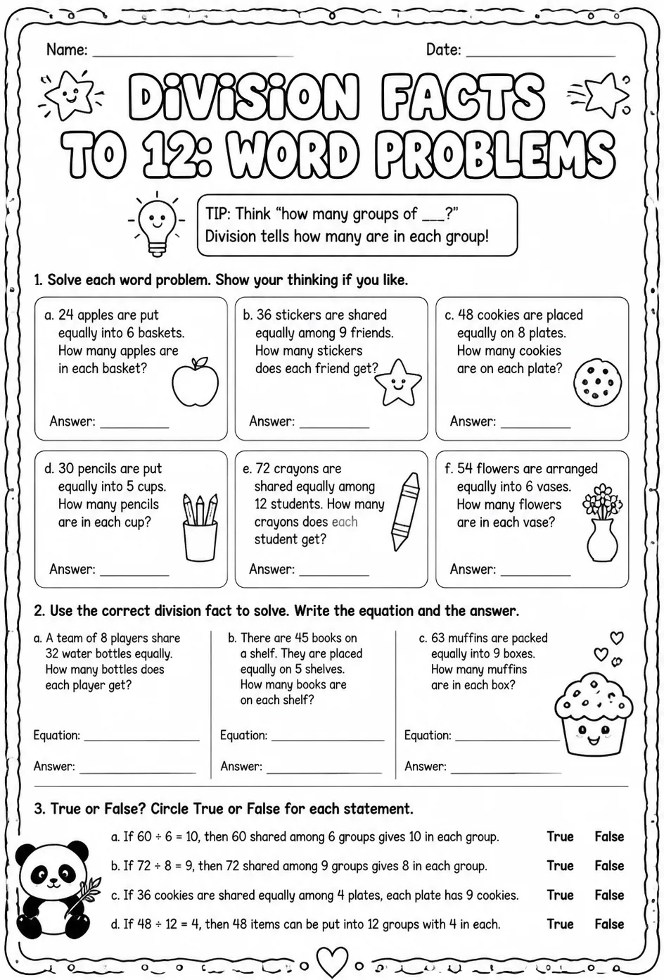 Division facts to 12: word problems — free printable Grade 4 math worksheet