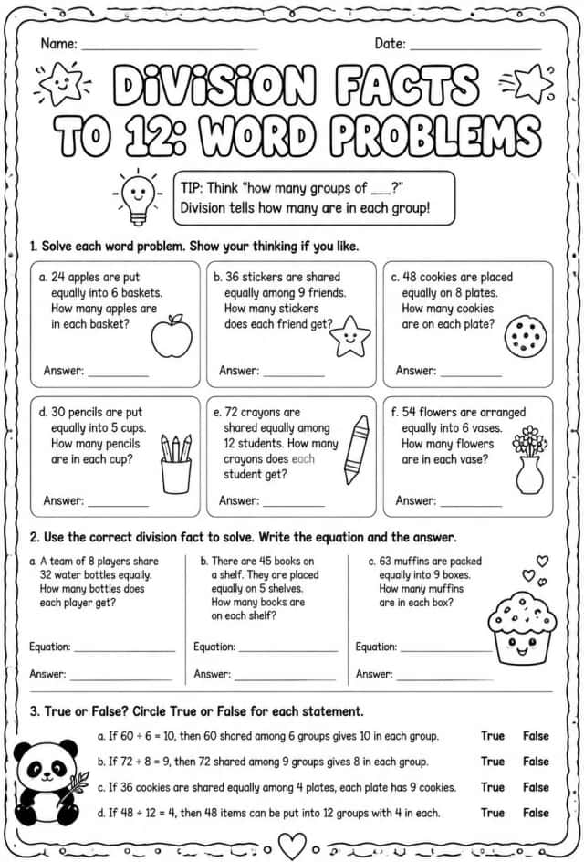 Division facts to 12: word problems