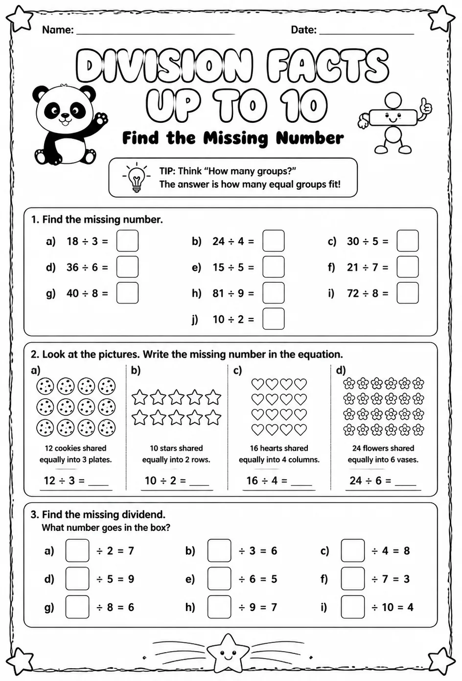 Division facts up to 10: find the missing number — free printable Grade 3 math worksheet