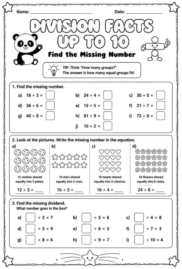 Division facts up to 10: find the missing number