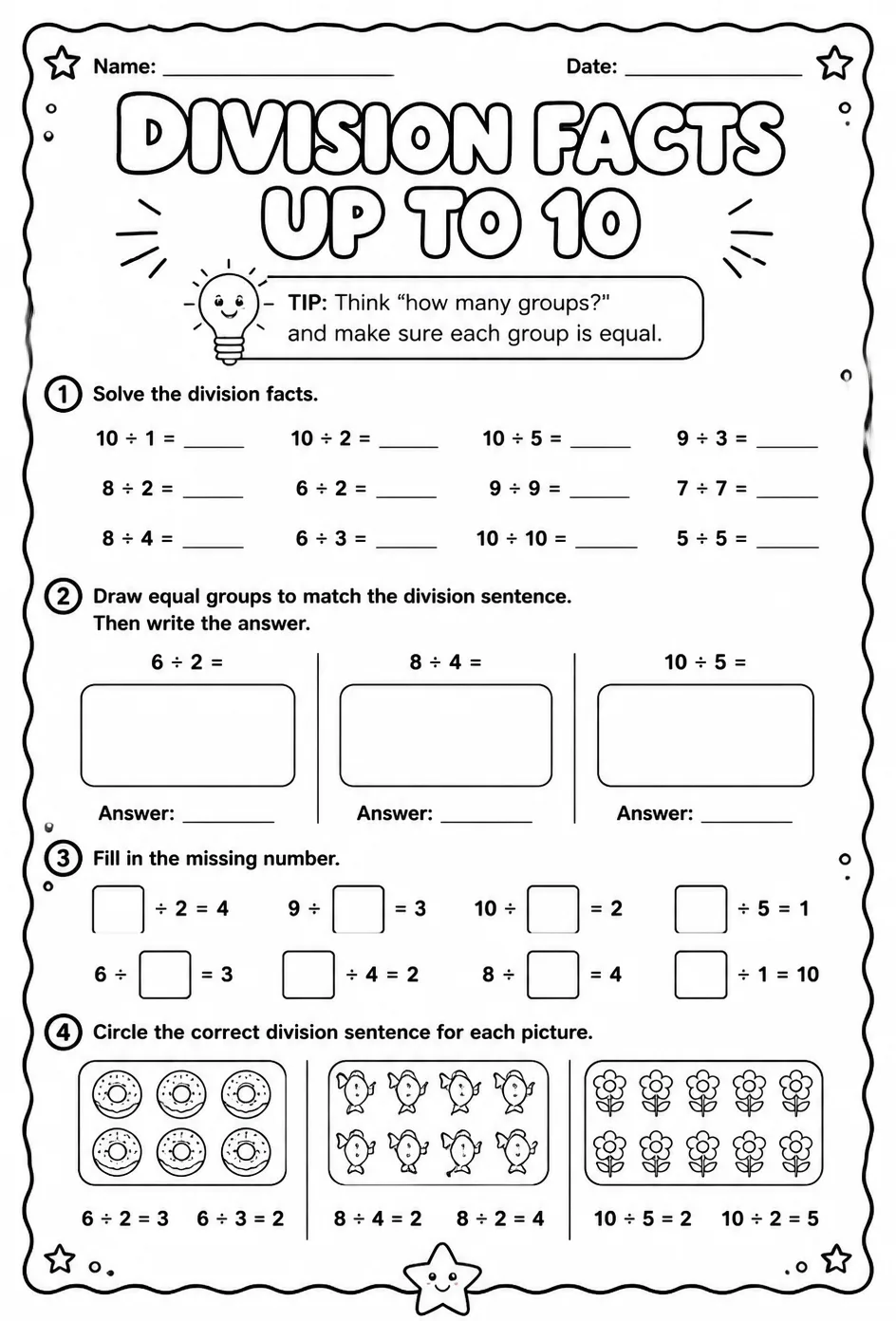 Division facts up to 10 — free printable Grade 3 math worksheet