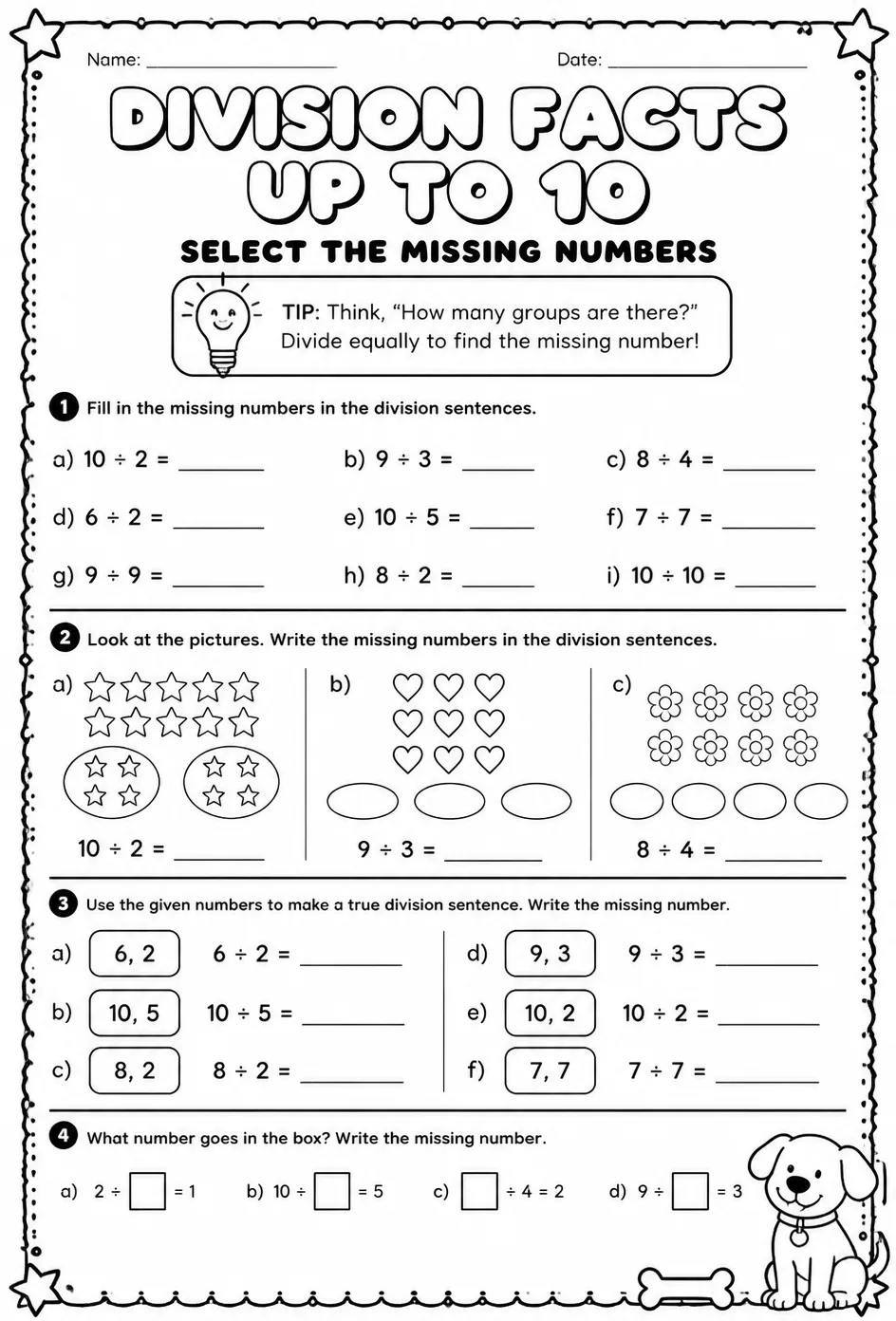 Division facts up to 10: select the missing numbers — free printable Grade 3 math worksheet