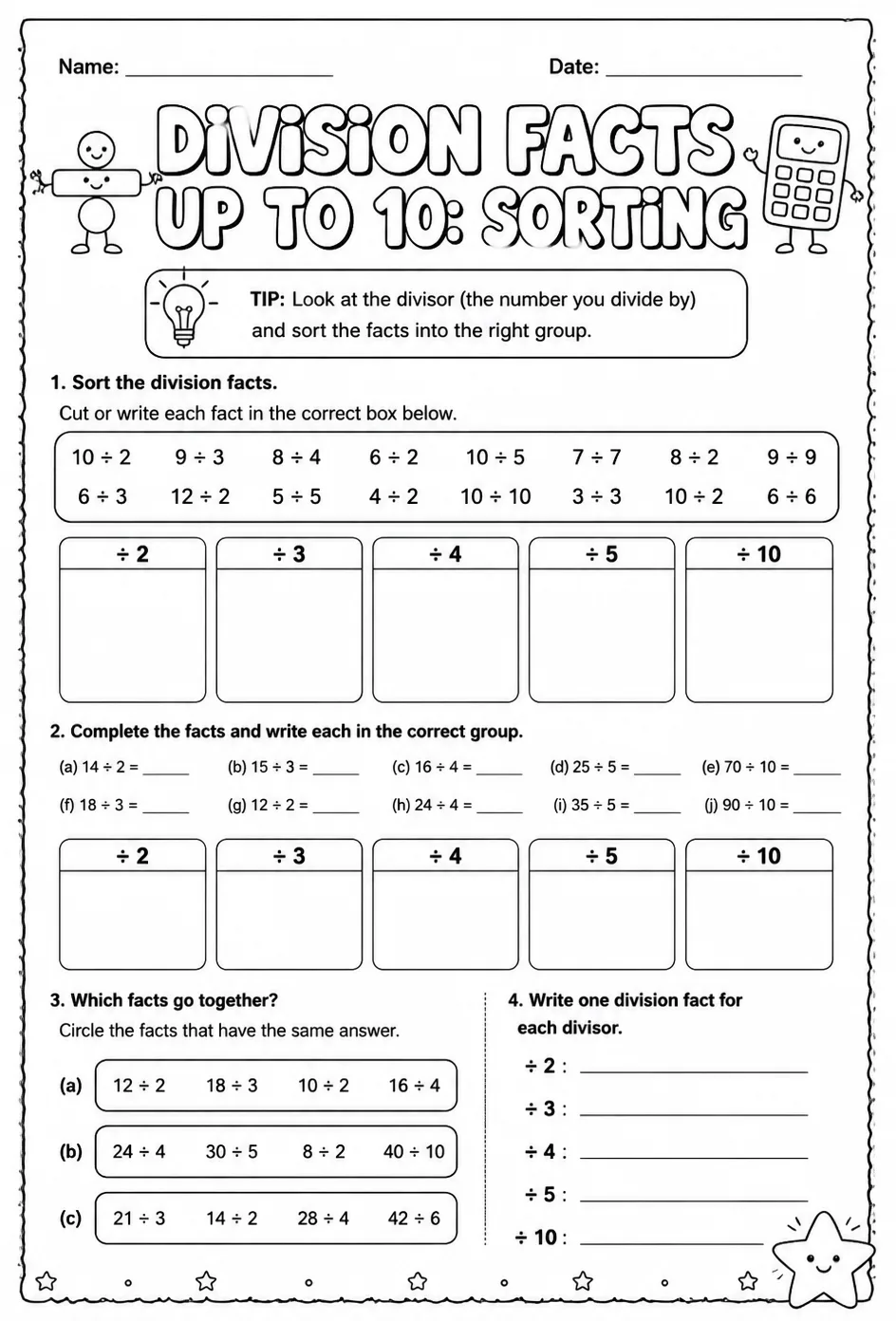 Division facts up to 10: sorting — free printable Grade 3 math worksheet