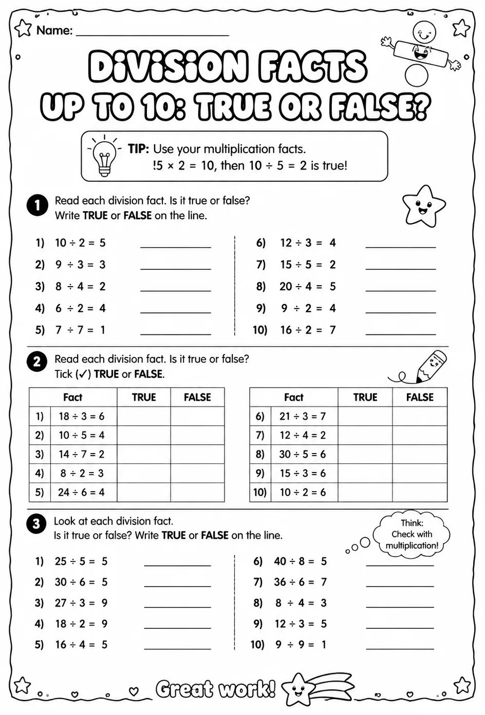 Division facts up to 10: true or false? — free printable Grade 3 math worksheet