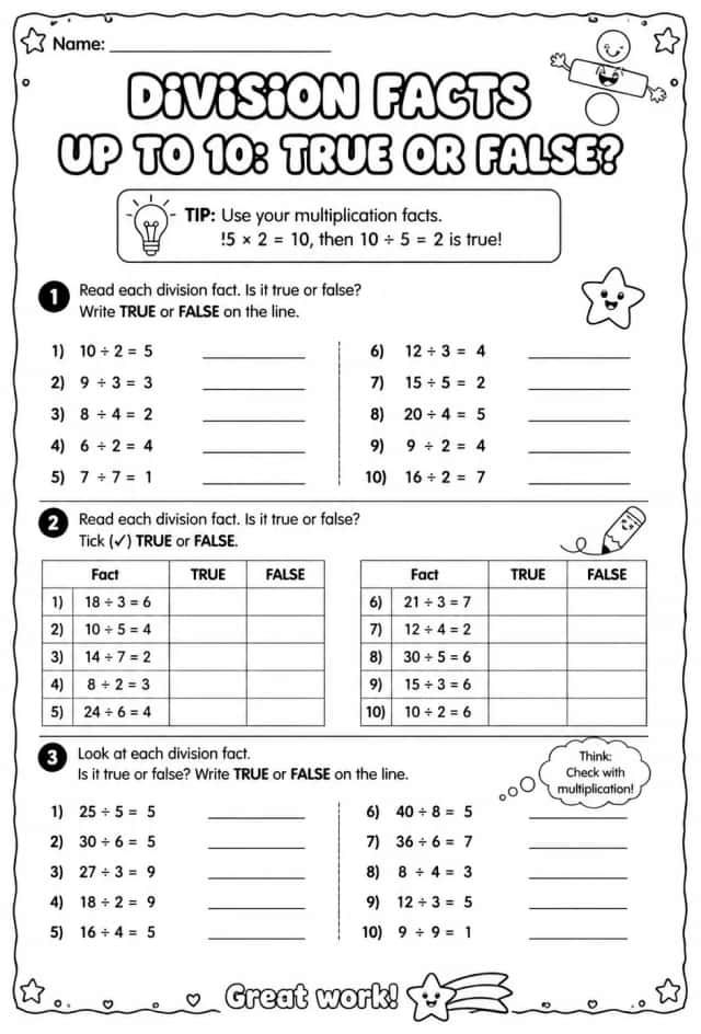 Division facts up to 10: true or false?